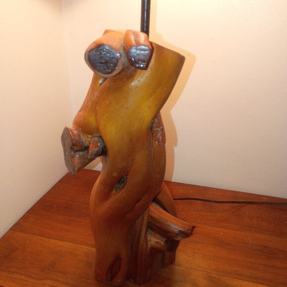 MID CENTURY Handmade Cypress Knee Table Lamp w Drum Lampshade 1950s *WORKS* - Picture 4 of 15